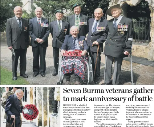  ??  ?? Edward Benjamin, a veteran from the Battle of Kohima, lays a wreath at the memorial in Dean’s Park; top, with six other veterans of the key battle in the Burma campaign.