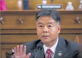  ?? DOUG MILLS — THE NEW YORK TIMES VIA AP/POOL ?? South Bay Democratic Rep. Ted Lieu, here speaking at a House Judiciary Committee hearing in 2019, introduced the article of impeachmen­t against President Donald Trump on Wednesday.