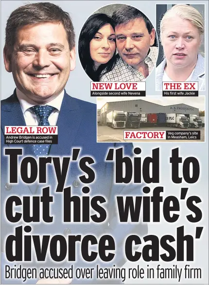  ??  ?? LEGAL ROW
Andrew Bridgen is accused in High Court defence case files NEW LOVE
Alongside second wife Nevena THE EX
His first wife Jackie FACTORY
Veg company’s site in Measham, Leics