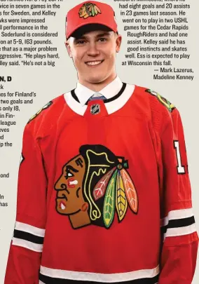  ?? | STACY REVERE/ GETTY IMAGES ?? The Hawks traded down three spots in the first round and selected defenseman Henri Jokiharju.