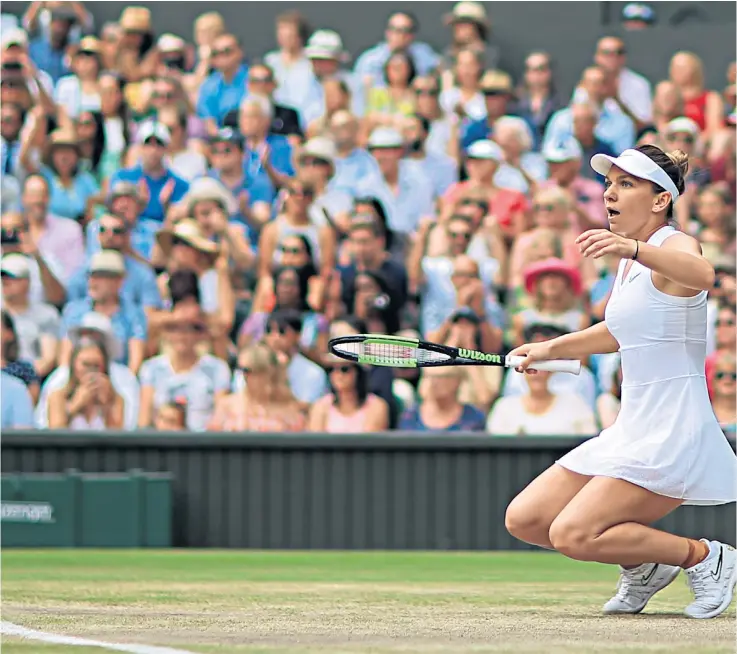  ??  ?? Transcende­nt moment: Simona Halep sinks to her knees as she becomes the first Romanian player to win Wimbledon