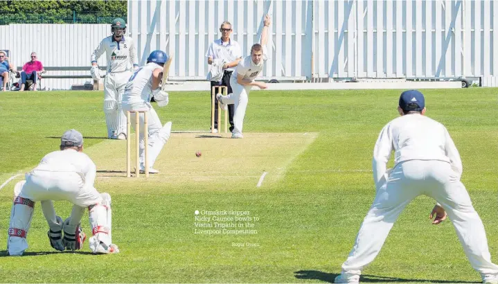  ?? Ormskirk skipper Nicky Caunce bowls to Vishal Tripathi in the Liverpool Competitio­n Roger Green ??