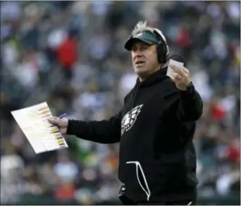  ?? MICHAEL PEREZ — THE ASSOCIATED PRESS ?? Eagles coach Doug Pederson didn’t have to gesture to get his message across to the fake media Tuesday. He just yelled at them. Sad!