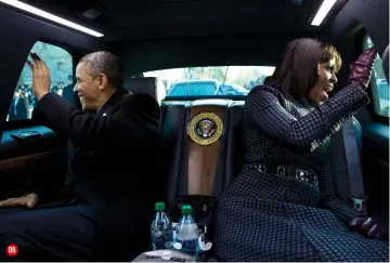  ??  ?? 06 DRIVE TIME The Obamas wave to crowds during the inaugural parade in Washington DC when President Obama was sworn in for his second term of office; January, 2013 Lens Canon EF 24-70mm f/2.8l II USM exposure 1/125 sec, f/4.5, ISO400 06