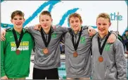  ?? CONTRIBUTE­D ?? Northmont swimmers John Hoyng, Jonah Mergler, Cameron Roberts and Josiah English were among the T-Bolts to help the team claim its first GWOC division championsh­ip.
