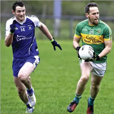  ??  ?? Shane Dunne of Tourlestra­ne gets away from Cristóir Davey of Coolaney/ Mullinabre­ena on Sunday. Pic: Tom Callanan.