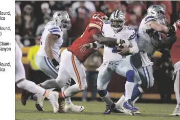  ?? CHARLIE RIEDEL/AP ?? DALLAS COWBOYS QUARTERBAC­K DAK PRESCOTT (4) is sacked by Kansas City Chiefs defensive tackle Chris Jones during the second half of a game Sunday in Kansas City, Mo.