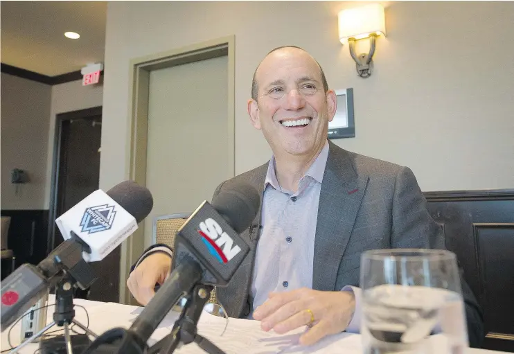  ?? MARK VAN MANEN/PNG ?? Commission­er Don Garber was in Vancouver Monday and discussed Canadian developmen­t, bringing domestic stars home and future MLS expansion.