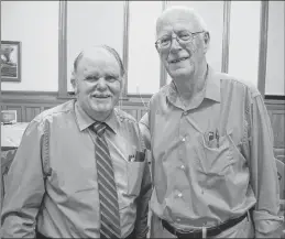  ?? BRIA STOKESBURY ?? Dr. Allan Marble, right, and Kings Historical Society president Maynard Stevens confer at the monthly meeting of the Kings Historical Society. At the meeting, Dr. Marble spoke about the medical history of Kings County.