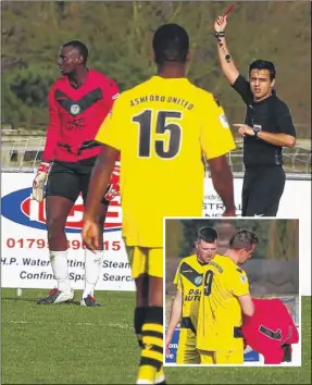  ?? FM4704088; FM4704090, inset ?? Ashford keeper George Kamurasi gets shown a red card. Inset, striker Shaun Welford prepares to take over the No.1 role