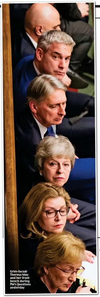  ??  ?? Grim-faced: Theresa May and her front bench during PM’s Questions yesterday