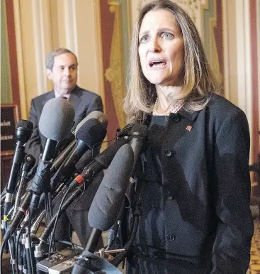  ?? J. SCOTT APPLEWHITE / THE ASSOCIATED PRESS ?? “The price (of a trade war) will be paid, in part, by American consumers and by American businesses,” said Canadian Minister of Foreign Affairs Chrystia Freeland on Wednesday.