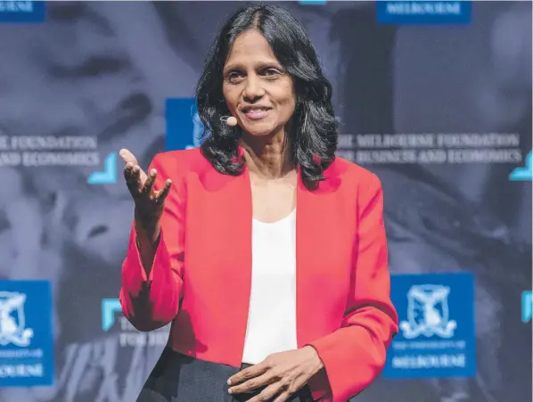  ??  ?? Macquarie boss Shemara Wikramanay­ke has flagged a 35 per cent drop in earnings for the first half and says conditions will remain challengin­g.