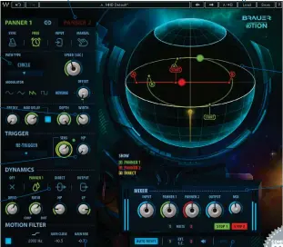  ??  ?? PATH TYPE Choose one of four movement styles for each Panner MODULATION CONTROLS Apply channel delay and more TRIGGER Run your panning continuous­ly or triggered DYNAMICS SECTION Apply compressio­n or distortion PANNER TABS Switch the controls between...