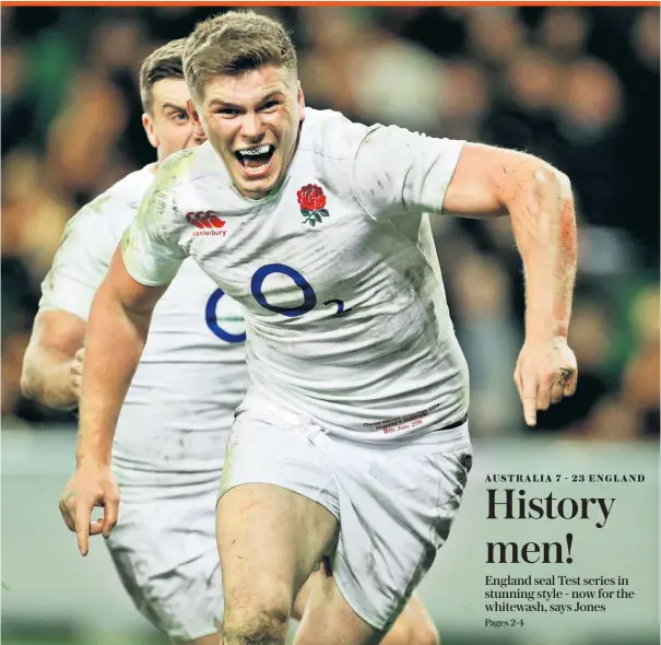  ??  ?? Show of power: Owen Farrell’s joy is unconfined after he scores the late try in Melbourne which clinches England’s series victory against Australia