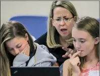  ?? Arkansas Democrat- Gazette/ JOHN SYKES JR. ?? Millison Guenther ( left) and Mackenzie Crowson get some help from Michelle Talley of Acxiom Corp. during a coding class Thursday at the University of Arkansas- Pulaski Tech.