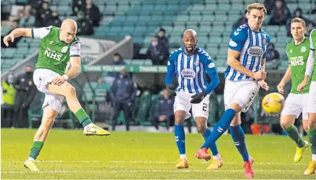  ??  ?? Alex Gogic makes it 2-0 for Hibs with his stunning goal