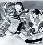  ?? POSTMEDIA NETWORK FILES ?? Toronto Maple Leafs goaltender Johnny Bower uses his famous pokecheck to knock the puck away from Montreal Canadiens’ forward Ralph Backstrom during a 1964 game.