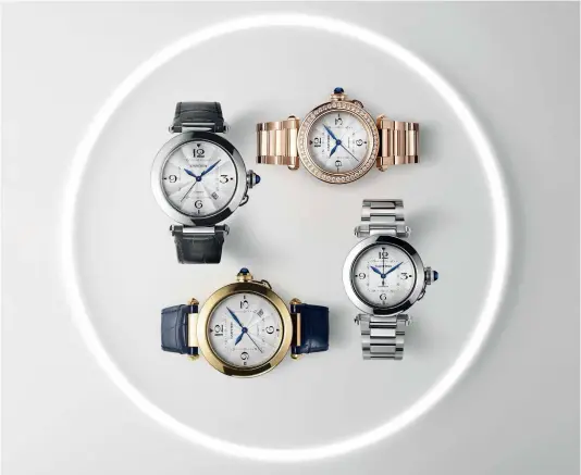  ??  ?? four of the latest pasha de Cartier watches released in 2020