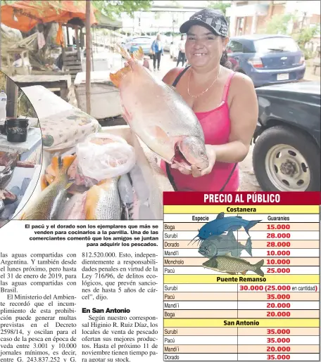  ??  ?? El pacú y el dorado son los ejemplares que más se venden para cocinarlos a la parrilla. Una de las comerciant­es comentó que los amigos se juntan para adquirir los pescados.