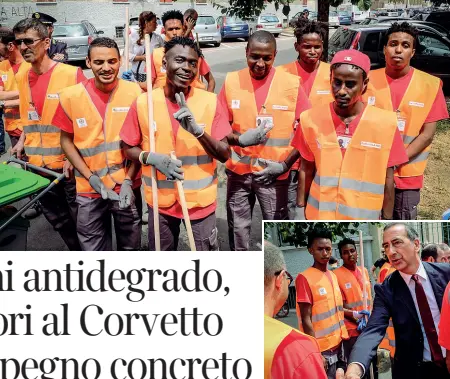  ??  ?? Piazzale Ferrara Le nuove squadre di «Bella Milano» hanno debuttato ieri al Corvetto. Qui sopra il saluto del sindaco Giuseppe Sala, 60 anni