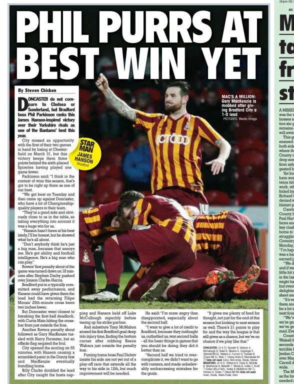  ?? PICTURES: Media Image ?? MAC’S A MILLION: Gary MacKenzie is mobbed after giving Bradford City a 1-0 lead