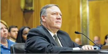  ?? ASSOCIATED PRESS FILE PHOTO ?? Secretary of State-designate Mike Pompeo pauses while speaking during the Senate Foreign Relations Committee confirmati­on hearing April 12, on Capitol Hill in Washington.