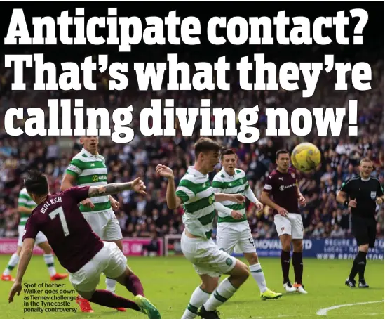  ??  ?? Spot of bother: Walker goes down as Tierney challenges in the Tynecastle penalty controvers­y