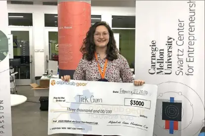  ?? Lauren Rosenblatt/Post-Gazette ?? Emily Siegel, founder of Trek Gum, won the 2020 AlphaLab Gear Hardware Cup Pittsburgh Regional event.