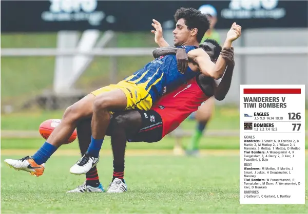  ?? Picture: JUSTIN KENNEDY ?? William Virgil Puruntatam­eri, of the Tiwi Bombers, tackles Wanderers opponent Leslie Maroney to the ground yesterday