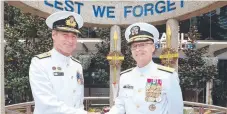  ?? ?? Rear Admiral Robert Clark of the US Navy (right) and Rear Admiral, Robert Plath, the Royal Australian Navy, in Surfers Paradise on Sunday. Picture: Richard Gosling