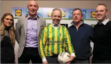  ??  ?? Adrian Barrett, Donal Ó hAiniféin and Thomas Barrett from Lispole GAA club with Siún Ó Se and Kieran Donaghy at the launch of the Lidl Comórtas Peile Páidi Ó Sé 2019 GAA Football Festival.