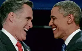  ?? REUTERS ?? LAUGHS GOT LOUDER Republican presidenti­al nominee Mitt Romney (left) faces off with President Barack Obama at the start of the first 2012 US presidenti­al debate in Denver on Wednesday.