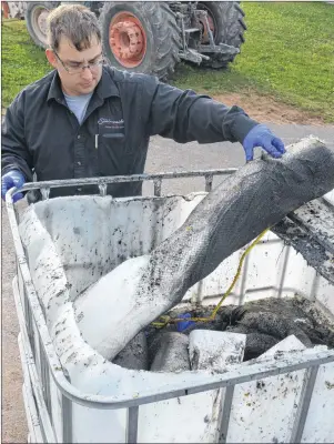  ?? COLIN MACLEAN/JOURNAL PIONEER ?? Sam Arsenault, wastewater supervisor for the City of Summerside, looks over a tote containing some of the estimated 500 litres of oil, and the absorbent pads used to clean it up, which recently made its way into the local wastewater system.