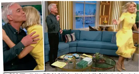  ?? ?? I’m off: Holly Willoughby kisses Phillip Schofield before skipping out of the This Morning studio yesterday
