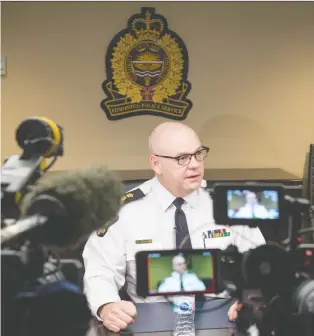  ?? SHAUGHN BUTTS ?? Edmonton Police Chief Dale Mcfee speaks Friday about the findings from consultati­ons with the community and its police members as part of its LGBTQ reconcilia­tion initiative.