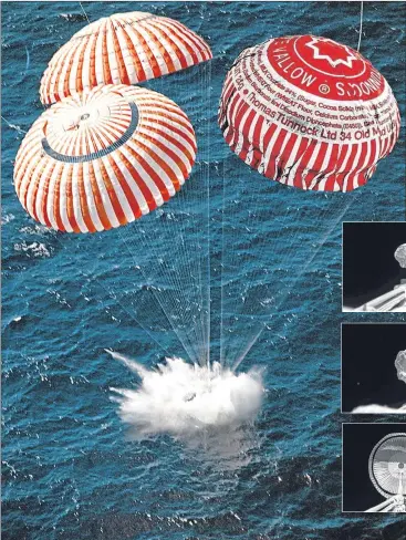  ??  ?? A Nasa splashdown reveals how a Tunnock’s Teackale parachute might look, main, and, below, the space agency tests chutes for Mars 2020 at supersonic speeds