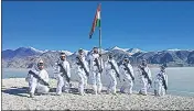  ?? PTI ?? Indo Tibetan Border Police personnel celebrate Republic Day near the bank of Pangong Tso, in Ladakh on January 26, 2021.