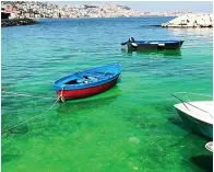  ??  ?? Colori naturali A destra, lo specchio d’acqua di Riva Fiorita come si presentava ieri, restituito alla sua bellezza naturale, dopo lo sversament­o il giorno prima (foto sotto) di fluorescin­a. L’acqua aveva acquisito un innaturale colore verde smeraldo