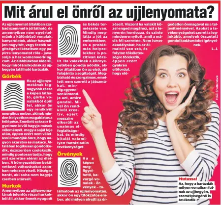  ??  ?? gedetlen önmagával és a teljesítmé­nyével. Azokat a tevékenysé­geket szereti a leginkább, amelyek összetett gondolkodá­smódot igényel
nek.
L. J.
Mutassa!
Az, hogy a barázdák milyen vonalban futnak az ujjbegyén, személyisé­géről is árulkodik