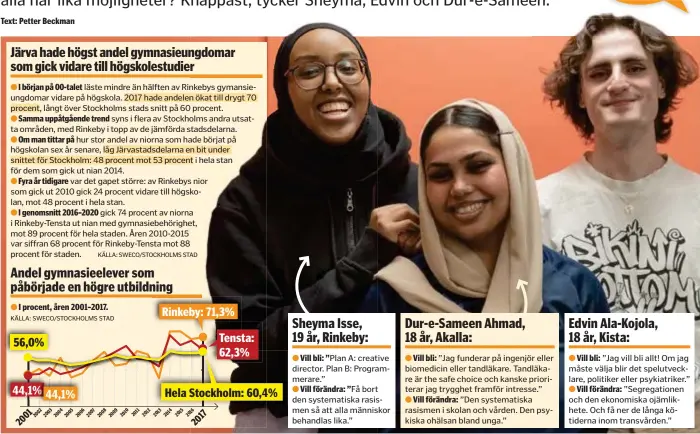  ?? FOTO: EIRA DESAX ?? DEMOKRATIA­MBASSADÖRE­R. Sheyma Isse, Dur-e-Sameen Ahmad och Edvin Ala-Kojola jobbar inom projektet ”Vem bryr sig?”, där tio tonåringar, i ett samarbete mellan Stiftelsen The Global Village och Framtidens Hus med stöd av Postkodsti­ftelsen, har anställts på deltid för att sprida kunskap om hur man kan stärka ungas inflytande i samhället.