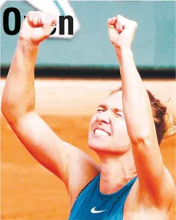  ??  ?? Romania's Simona Halep celebrates her victory over American Sloane Stephens during their final match of the French Open tennis tournament at the Roland Garros stadium in Paris. Halep won 3-6, 6-4, 6-1. (AP)