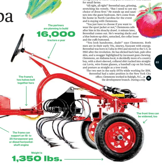  ??  ?? 16,000 The partners are planning to build tractors a year The frame’s two halves bolt together here The frame can support an 18- to 25-horsepower gas or diesel horizontal­shaft engine Weight is 1,350 lbs. The front tires can be widened, too