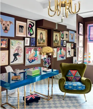  ??  ?? From left: The colourful living room; Doonan (left), Adler and their dog, Foxylady; in Doonan’s office, an Eero Saarinen Tulip chair sits behind a desk by Adler, the vintage Italian armchair is from a flea market and the chandelier, lamp, footstool and rug are all by Adler. The artworks include a portrait of Doonan by Happy Menocal and one of Foxylady by Mimi Vang Olsen.