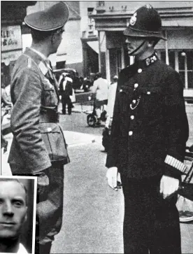  ??  ?? OCCUPIED: A German officer talks to a British policeman in the Channel Islands. Inset: Kingston Bailey