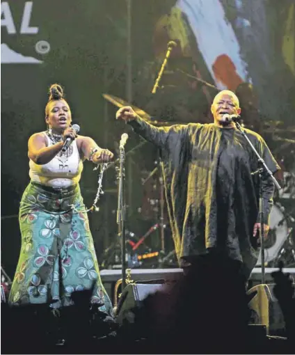  ??  ?? Partners in music: Thandiswa Mazwai and Hugh Masekela performing at the Cape Town Internatio­nal Jazz Festival in 2012. Photo: Esa Alexander/Gallo Images/The Times