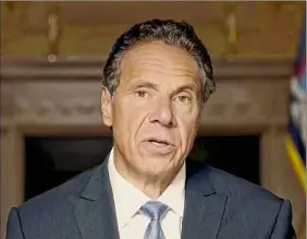  ?? AP / Office of the Governor ?? Gov. Andrew Cuomo makes a statement in a prerecorde­d video released Tuesday following state Attorney General Letitia James’ report that concluded he sexually harassed women over the course of years.