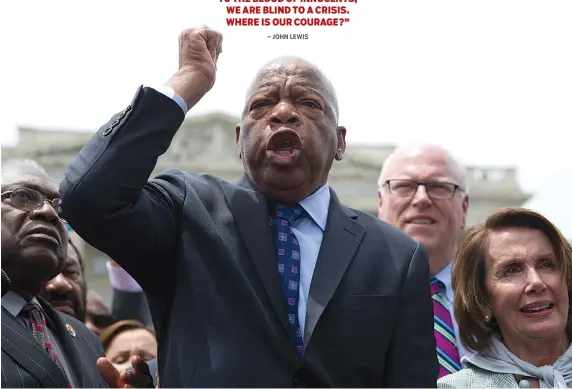  ?? ASSOCIATED PRESS PHOTOS ?? Rep. John Lewis, D-Ga., center, joined by James Clyburn of S.C., left, and Nancy Pelosi of California, right, speaks on Capitol Hill on Thursday after House Democrats ended their sit-in protest.