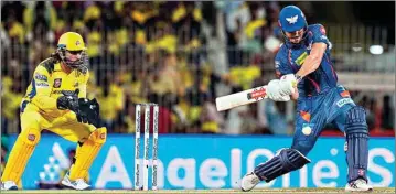  ?? PTI ?? Lucknow Super Giants batter Marcus Stoinis plays a shot during the IPL match between Chennai Super Kings and Lucknow Super Giants in Chennai on Tuesday