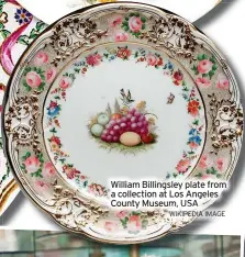  ?? HANSONS WIKIPEDIA IMAGE HANSONS ?? Another example of Billingsle­y’s work, Derby puce mark pattern no. 80 plate, with three flower groups, estimate £200-£300
William Billingsle­y plate from a collection at Los Angeles County Museum, USA